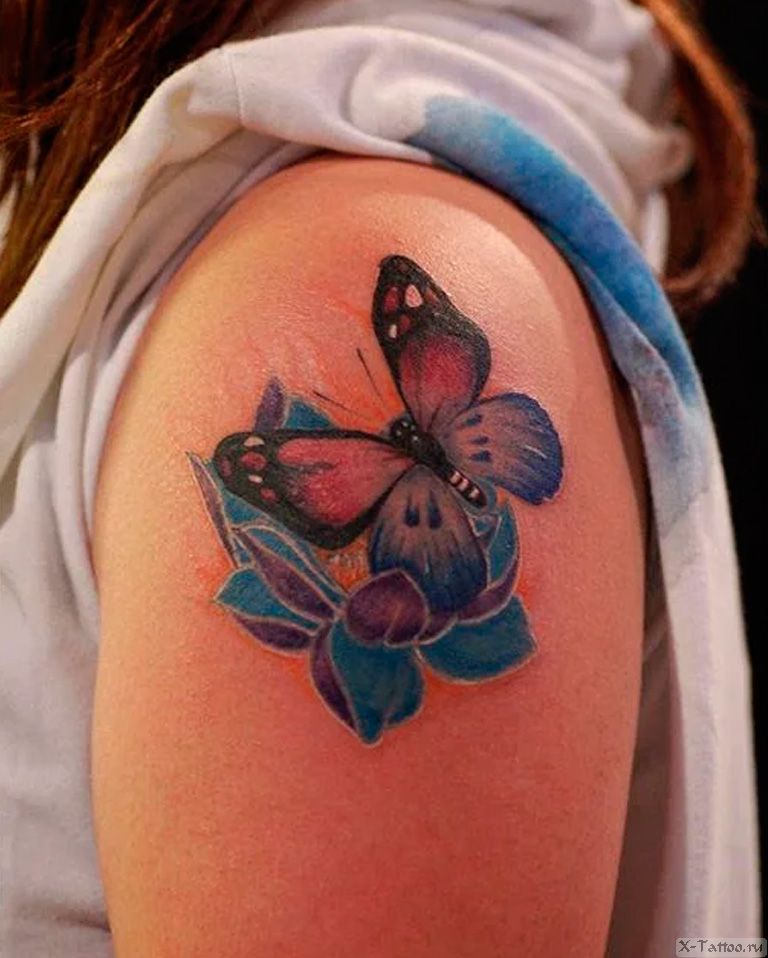 Тату бабочка на цветке на плече
